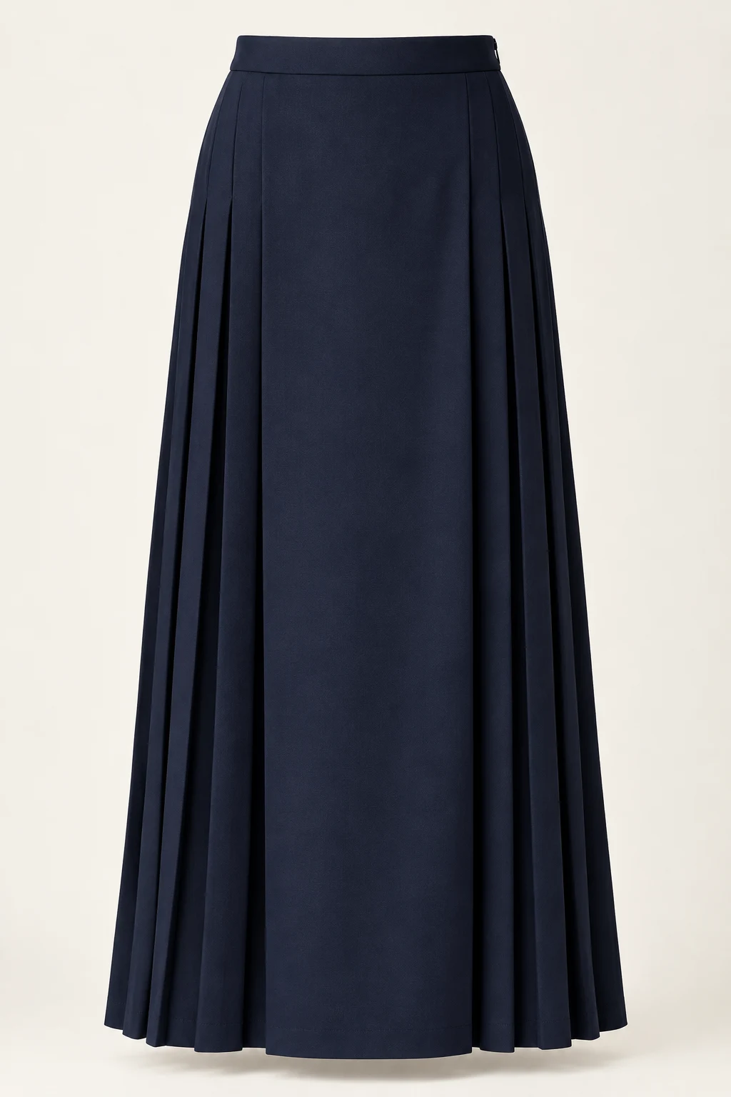 Deep Navy Column Knife-Pleat Maxi Skirt, flat front center panel with side knife pleats