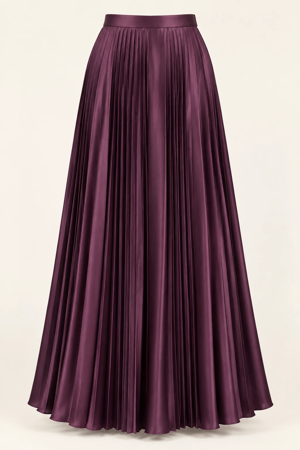 Plum Muse Satin Pleated Maxi Skirt, alternating two widths of sunray pleats, satin sheen