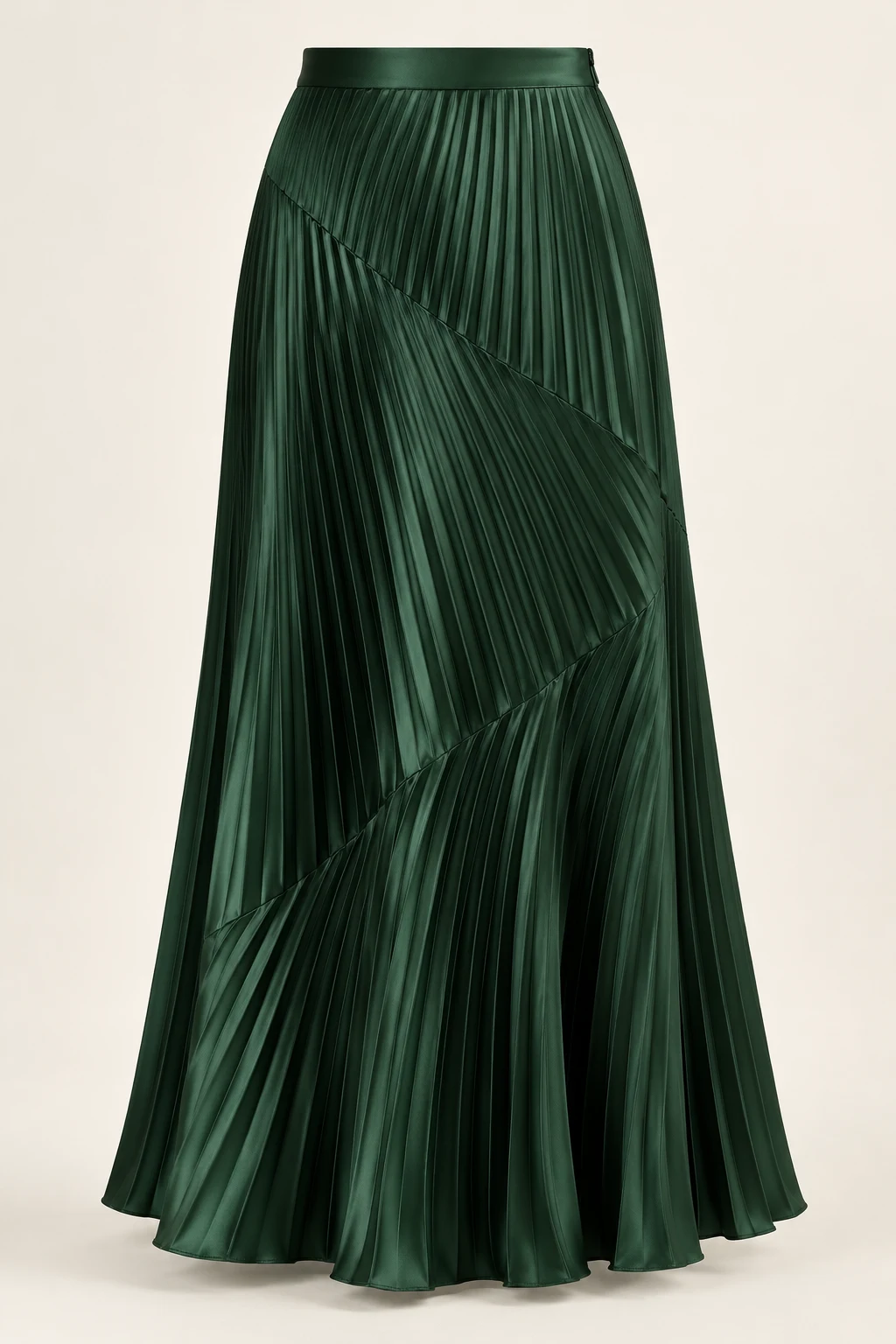 Pine Green Still Life Satin Pleated Maxi Skirt, diagonal seamed panels of sunray pleats, satin sheen