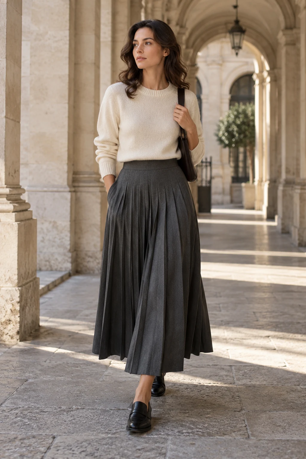 A pleated maxi skirt in an architectural setting